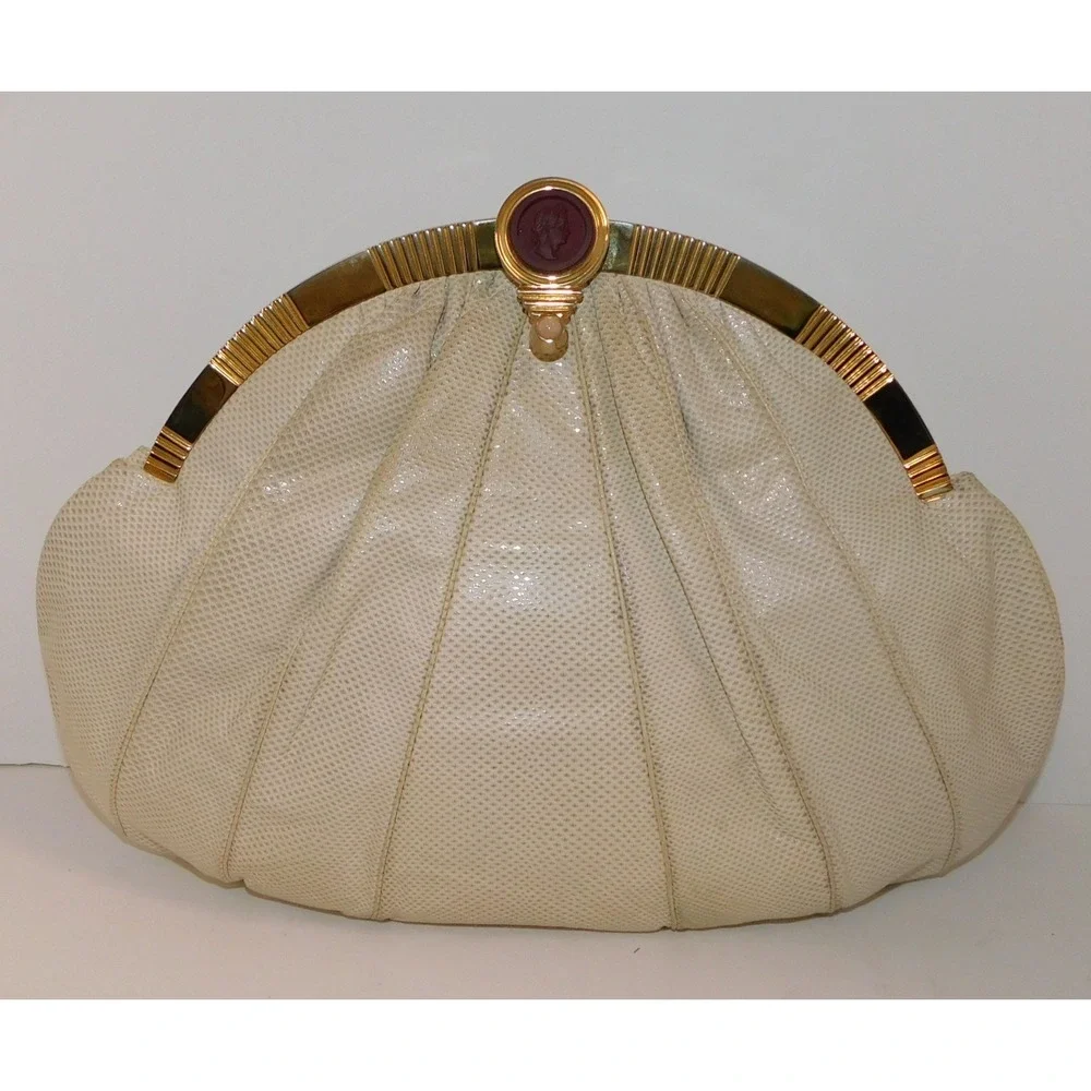 Judith Leiber Large Beige Karung Leather‎ Pink Quartz Cameo Clutch Shoulder Bag